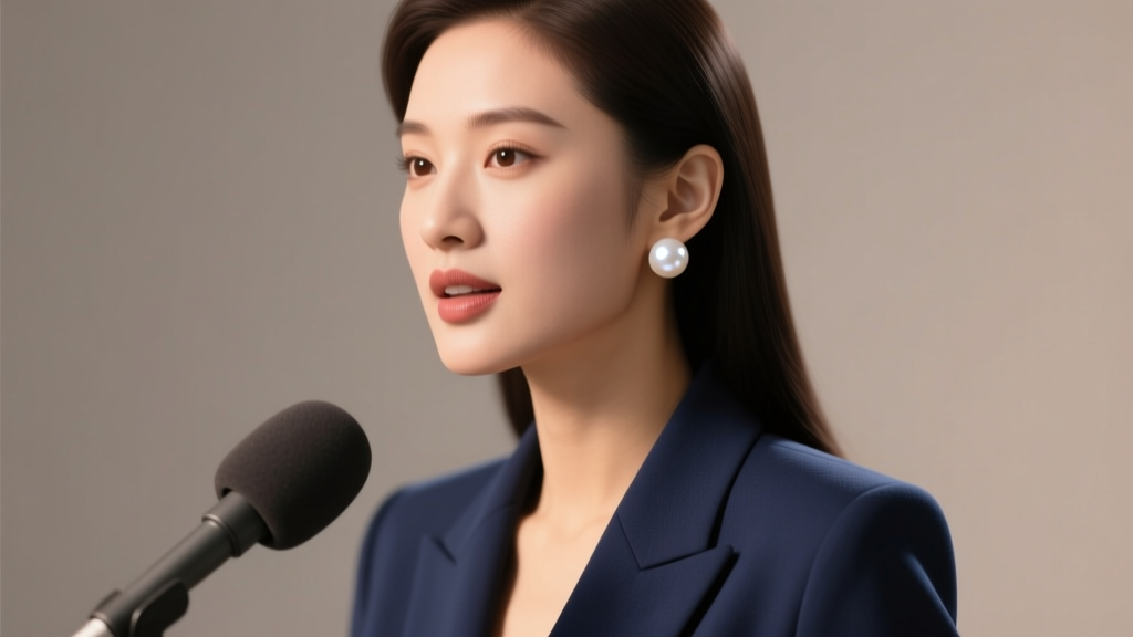 Studio lighting reflecting off classic 8mm white Akoya pearl stud earrings worn by a female broadcaster in a navy blazer.