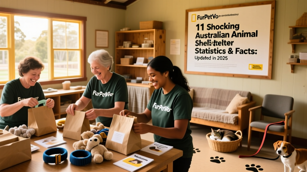 Volunteers preparing adoption kits with collars, toys, and welcome brochures at a FurPetVo-partnered shelter