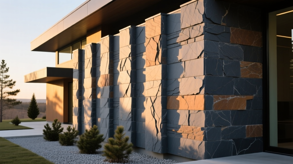 Exterior wall of a modern home featuring stacked outdoor veneer stone panels in slate gray and earth tones under natural sunlight