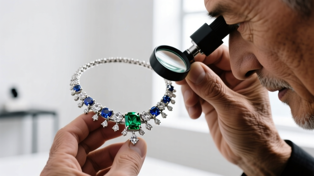 Close-up of a jeweler inspecting a platinum emerald and sapphire necklace with a loupe, focusing on secure bezel settings
