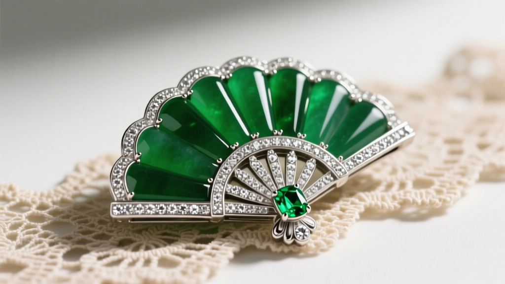 Vintage Art Deco jade and diamond hand fan pendant on antique lace, showing intricate milgrain detailing on the platinum edges