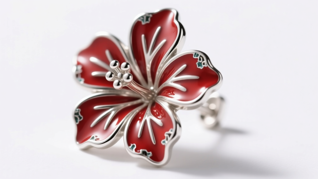 Close-up of a sterling silver hibiscus earring showing minor cold enamel chipping on red petals under bright, focused studio light
