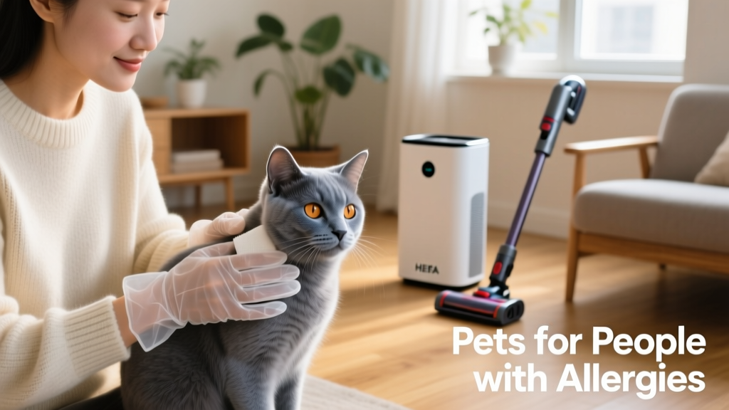 A person gently brushing a low-dander cat breed while wearing light gloves, with HEPA air purifier and vacuum nearby