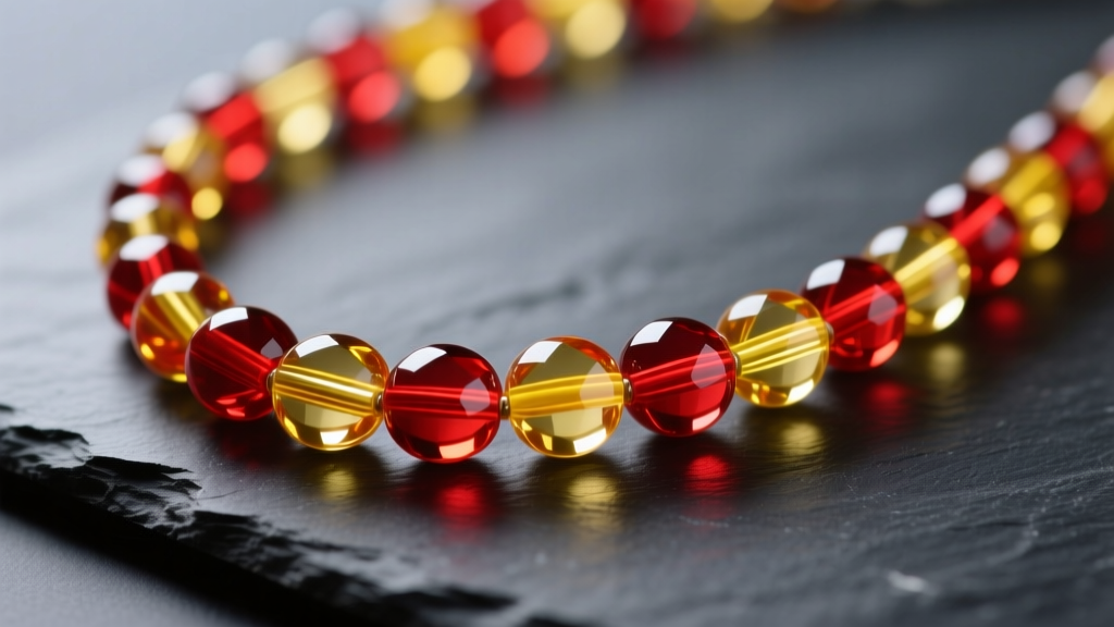 Macro shot of translucent red and yellow glass candy necklace beads on dark slate, soft lighting highlighting glossy finishes.