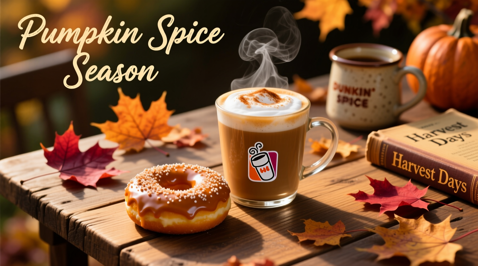 Dunkin pumpkin spice latte and donut on autumn table