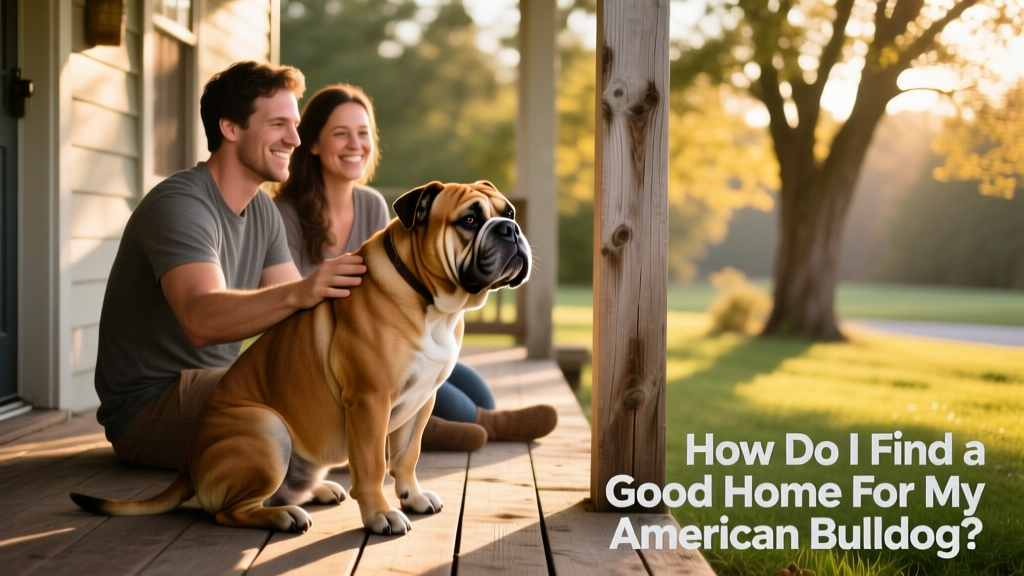 Two people and an American Bulldog sitting together on a porch during a relaxed meet-and-greet visit