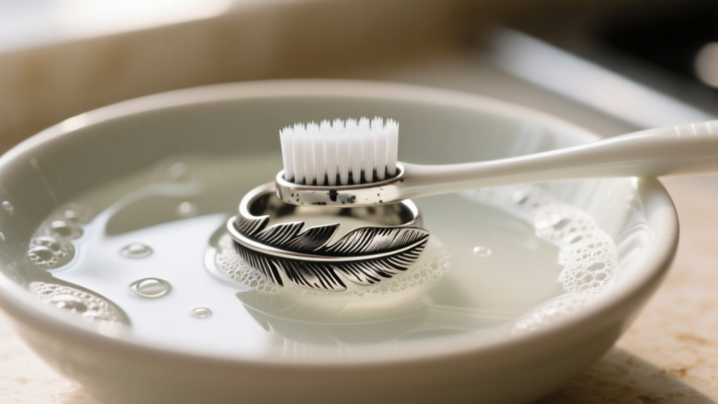 Soft toothbrush gently cleaning the intricate grooves of an oxidized sterling silver feather ring in a bowl of warm soapy water.