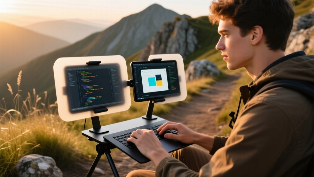 A digital nomad working outdoors on a rocky trail, using a high-nits portable dual-screen setup shielded by an anti-glare matte screen protector.
