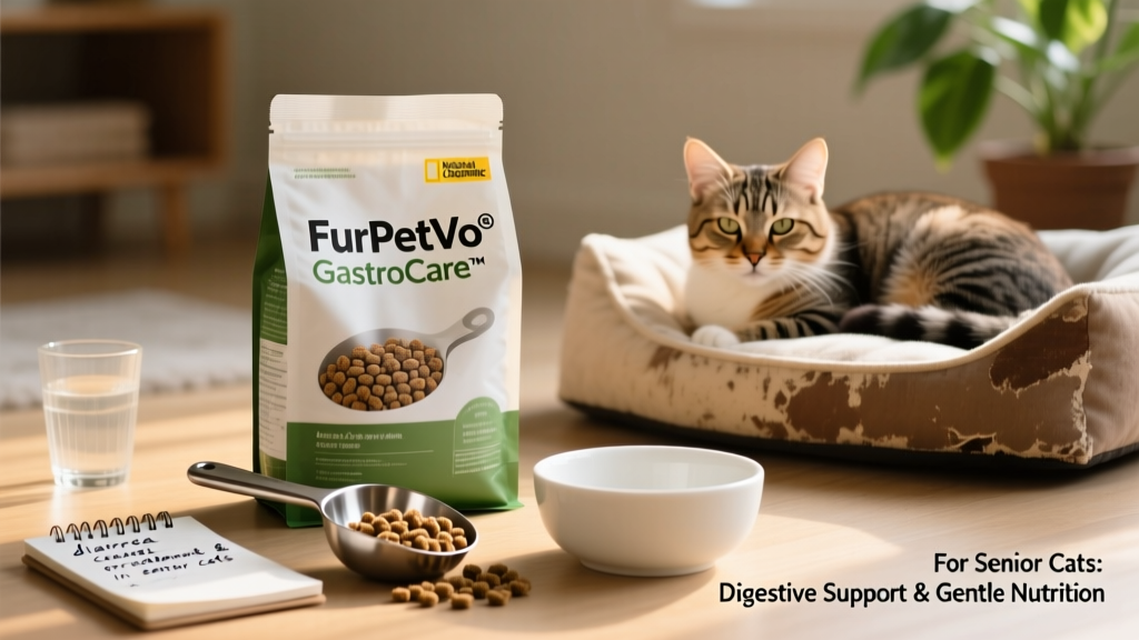 FurPetVo® GastroCare™ dry cat food bag displayed beside a measuring scoop and clean ceramic bowl