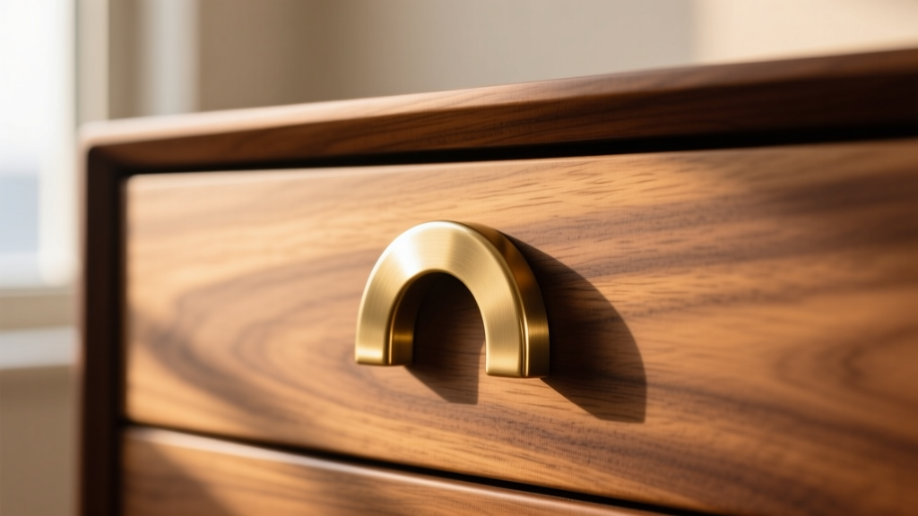 Brass arch pull on a walnut jewelry box drawer, soft lighting highlighting the brushed metal finish and rich wood grain texture.