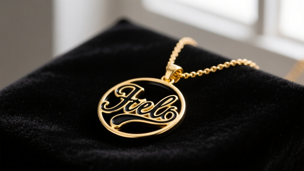 Custom gold pendant necklace featuring black vitreous enamel typography, resting on dark velvet under soft lighting