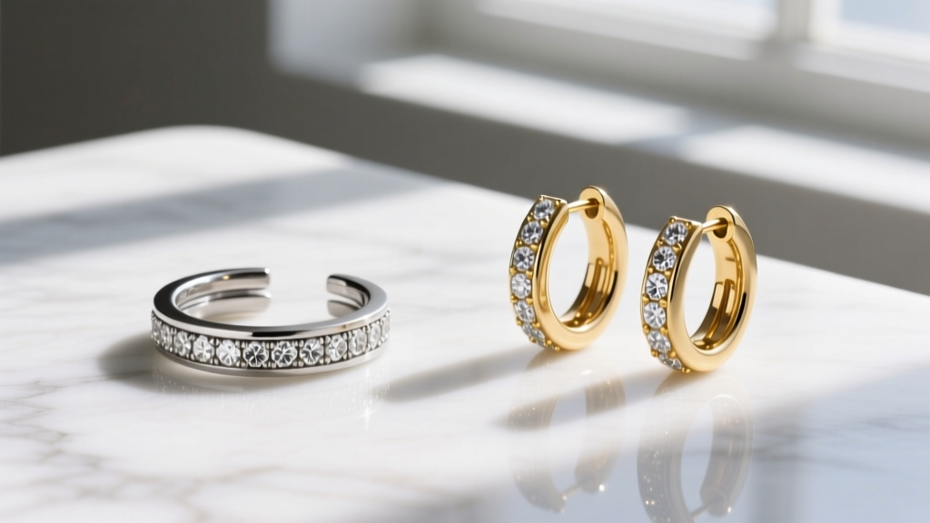 Flat lay of titanium ear cuffs and 18k gold huggies on white marble, highlighting pavé diamonds and high-polish metal finishes