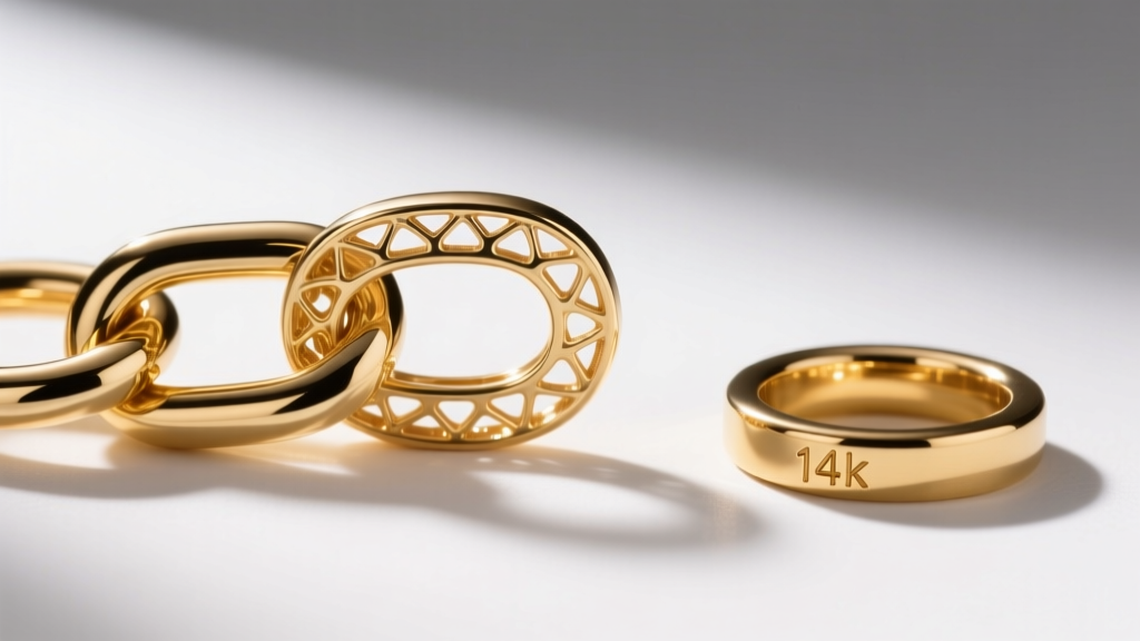 Close-up revealing the hollow interior of an electroformed gold chain link beside a solid 14k gold link on a plain white surface.
