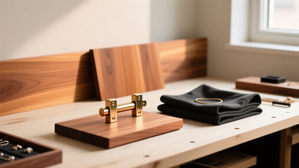 Workbench holding DIY jewelry storage supplies: solid brass hinges, raw maple wood, and folded charcoal anti-tarnish fabric.