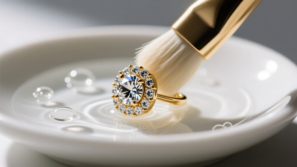 Close-up of a soft-bristled brush gently scrubbing a delicate diamond pavé gold earring submerged in a mild soapy water solution.