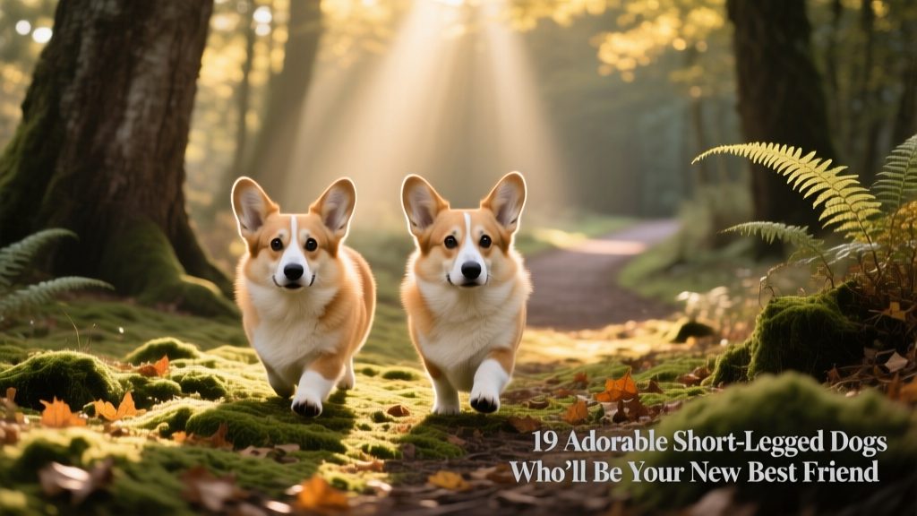 Two corgis walking side-by-side through sun-dappled woods