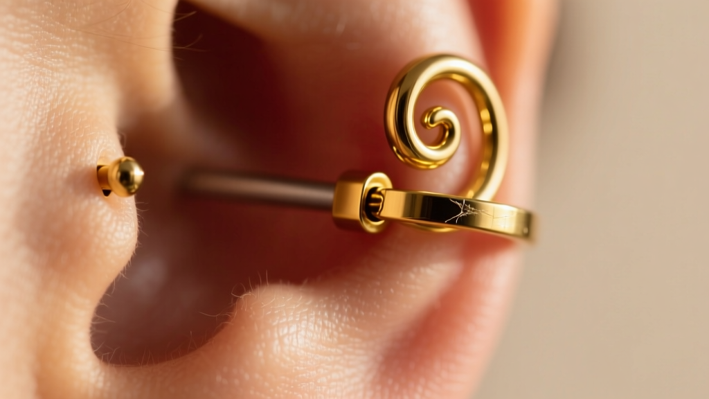Macro view of a 16-gauge gold clicker hoop in a helix piercing, displaying the hinge mechanism against warm skin in soft light.
