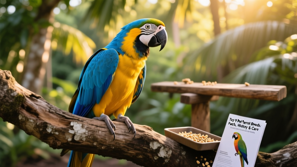 Blue-and-yellow Macaw sitting attentively on a wide branch, head tilted curiously, showing bright blue back and golden chest