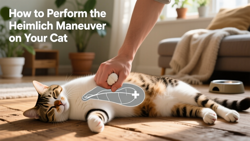 Illustration showing proper hand placement for abdominal thrusts during the Heimlich maneuver on a cat