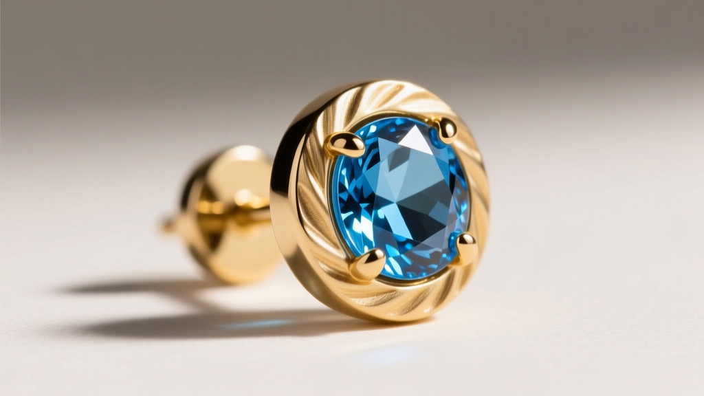 Close-up of an 18k gold vermeil Judith Ripka stud earring showing matte brushed metal contrasting with a bright Swiss blue topaz.