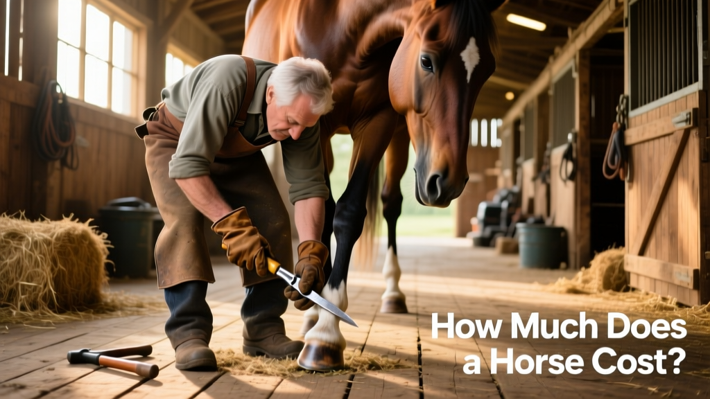 A farrier carefully trimming a horse's hoof while the horse stands calmly in a well-lit barn aisle