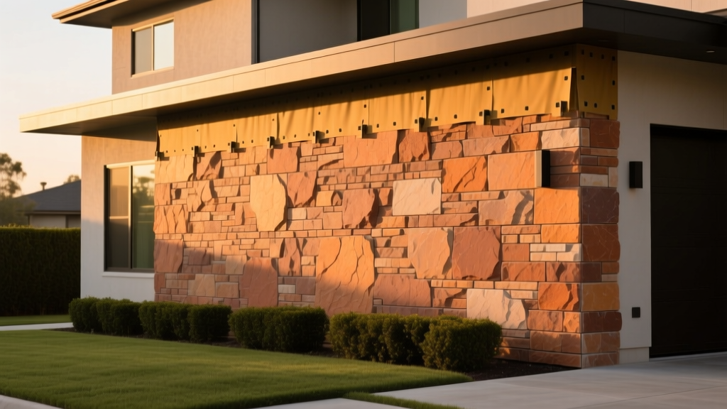Exterior wall of a modern home featuring warm earth-toned manufactured stone veneer installed over a weather-resistant barrier by a mason