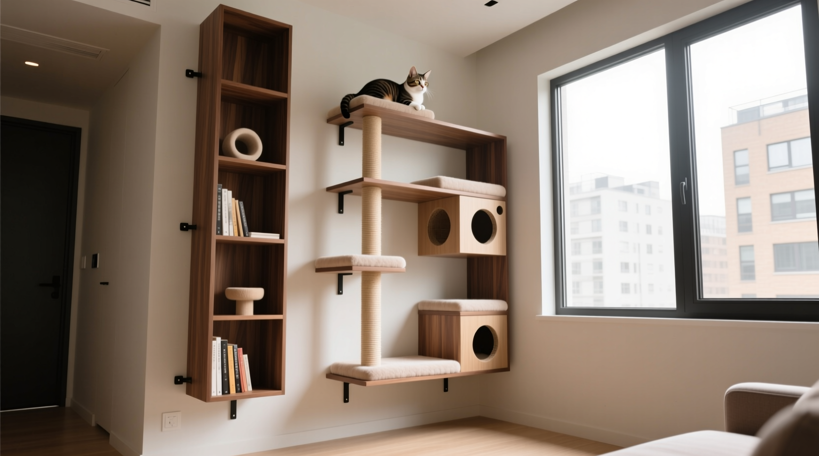 cat tree vs wall mounted shelves which saves more floor space