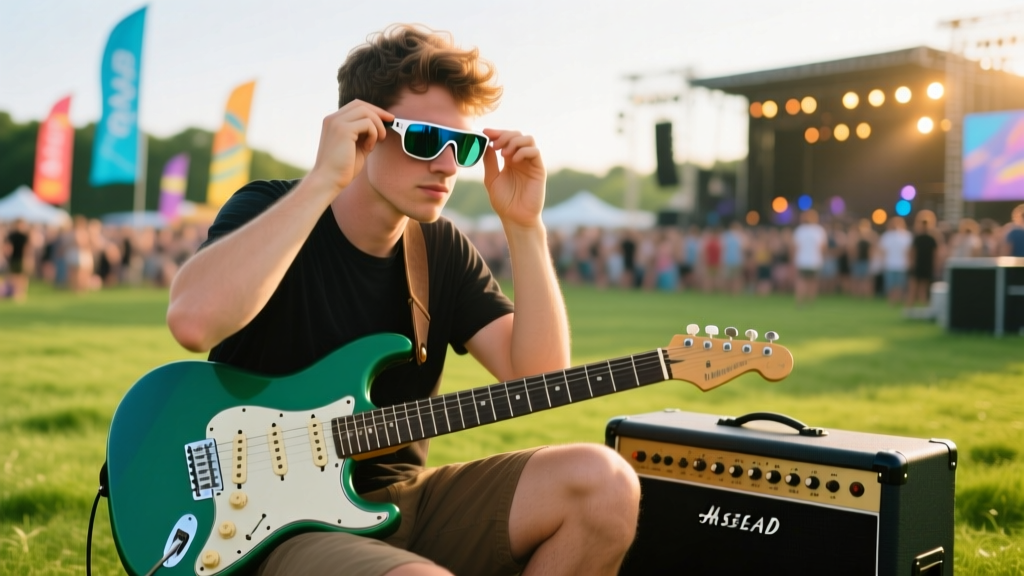 Guitarist adjusting polarized clip-on lenses onto AR smart glasses frames while sitting on an amplifier case at an outdoor music festival