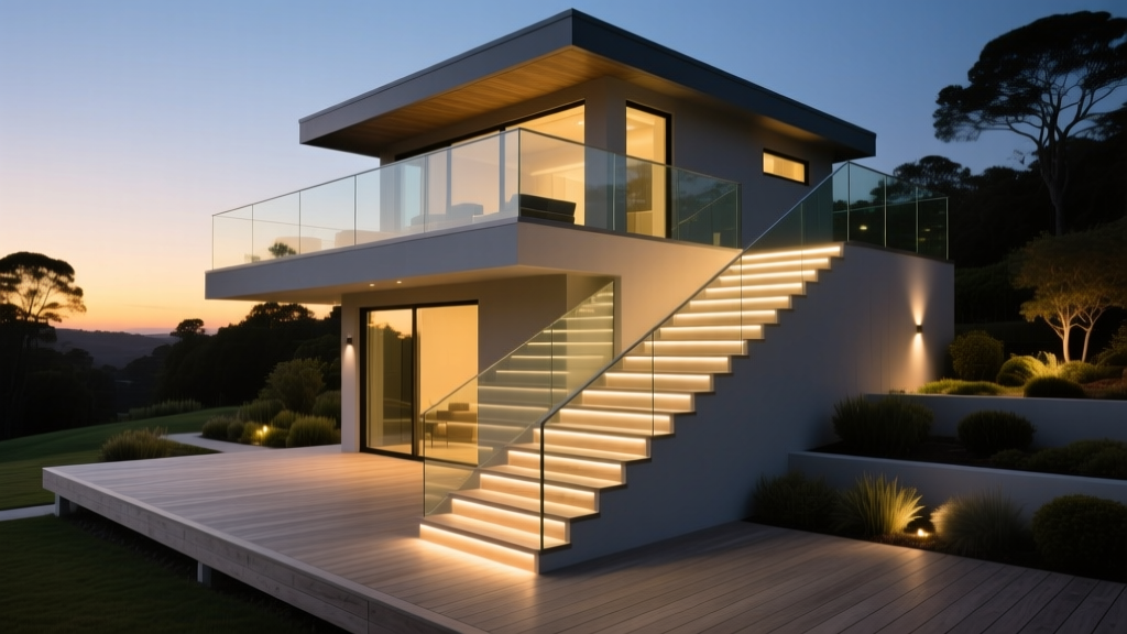 Modern multi-level deck built with silver oak PVC deck materials, frameless glass railings, and integrated LED stair lighting at dusk