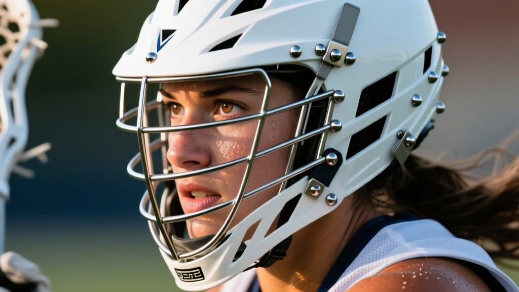 Close-up of a female athlete in a lacrosse helmet, showcasing small 16-gauge titanium flat-back studs shaped like crossed sticks