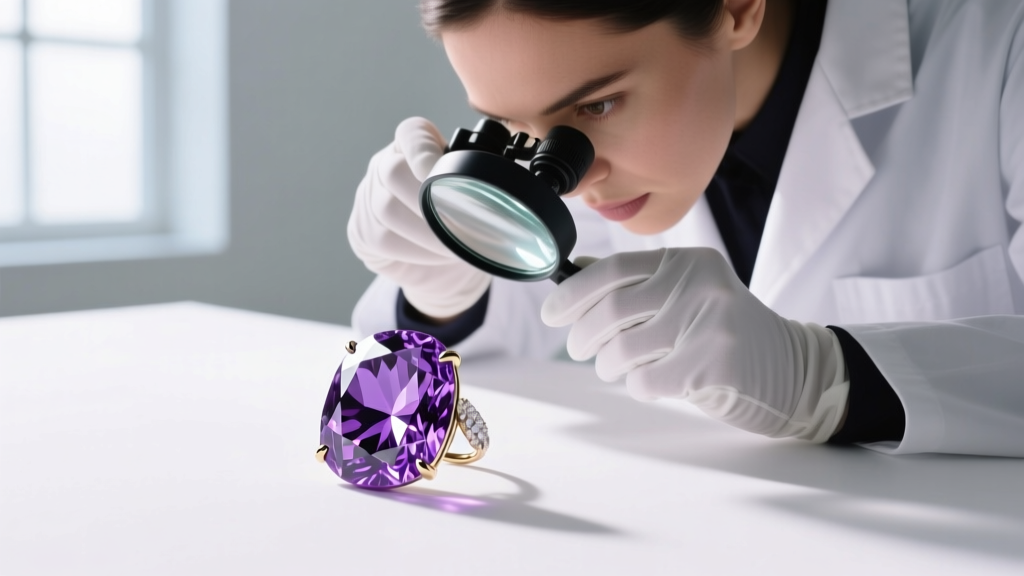 Jeweler using a 10x loupe to inspect silk inclusions of a natural purple sapphire earring against a bright white background