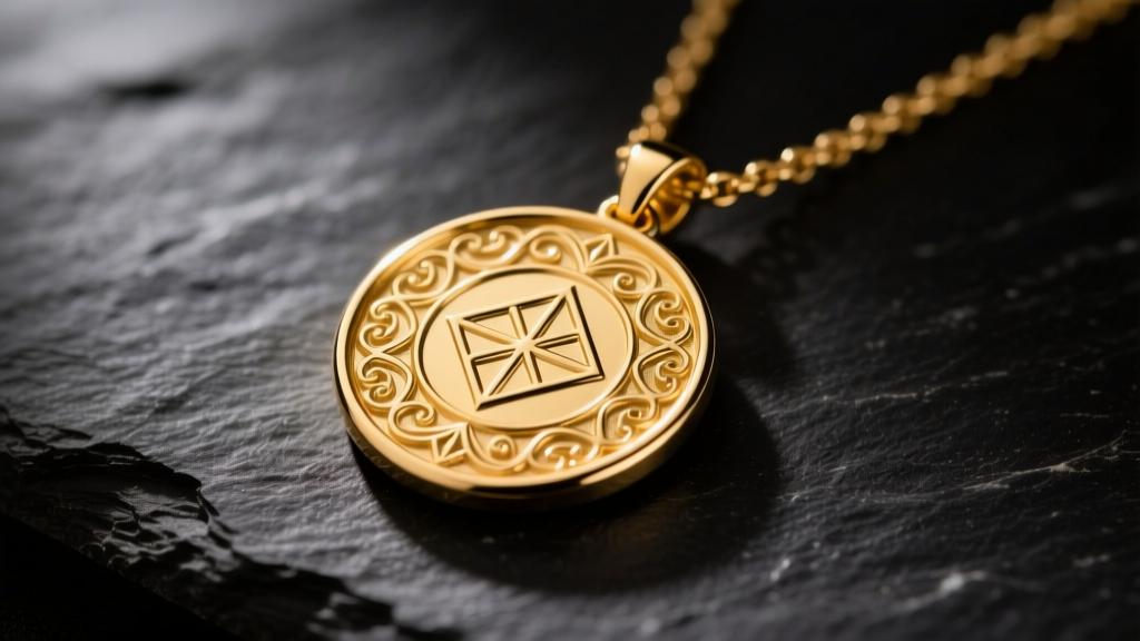 Close-up of a polished 20mm 14k yellow gold medallion necklace resting on dark slate, catching warm directional studio light.
