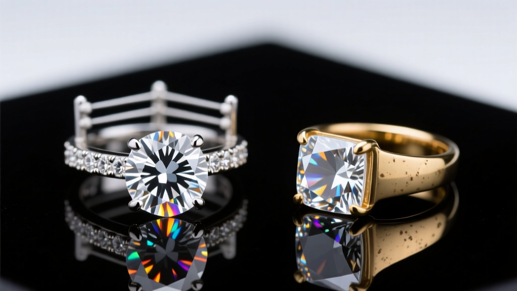 Macro comparison of custom moissanite wrestling ring and mass-produced brass cubic zirconia replica under bright UV lighting