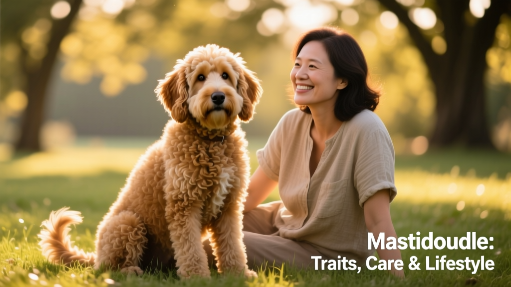 A friendly, medium-to-large fluffy dog with wavy coat and expressive eyes sitting calmly beside its owner on grass