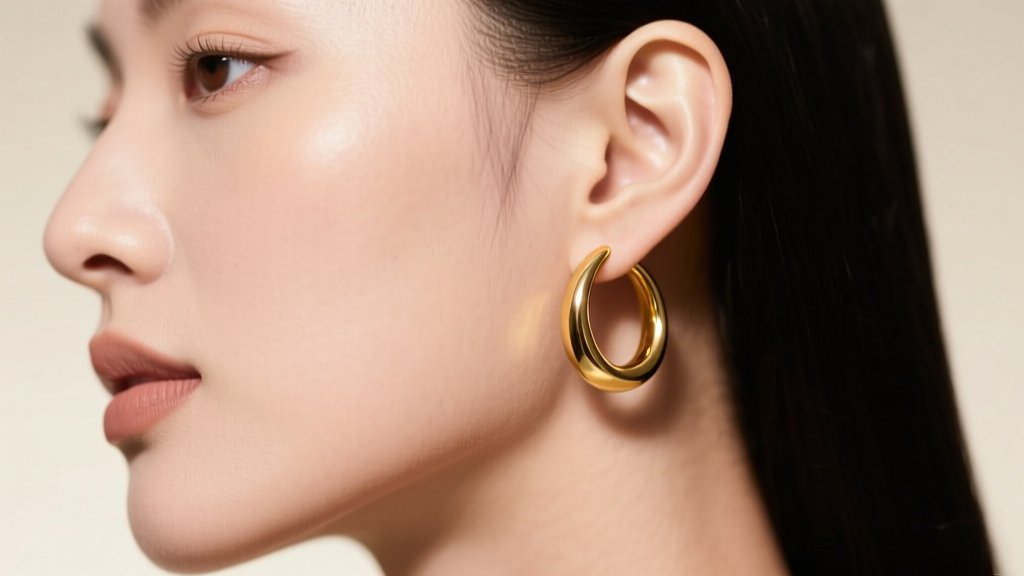 Close-up of a woman wearing a minimalist 14k gold open hoop earring on her lobe, soft studio lighting highlighting the metal curve.
