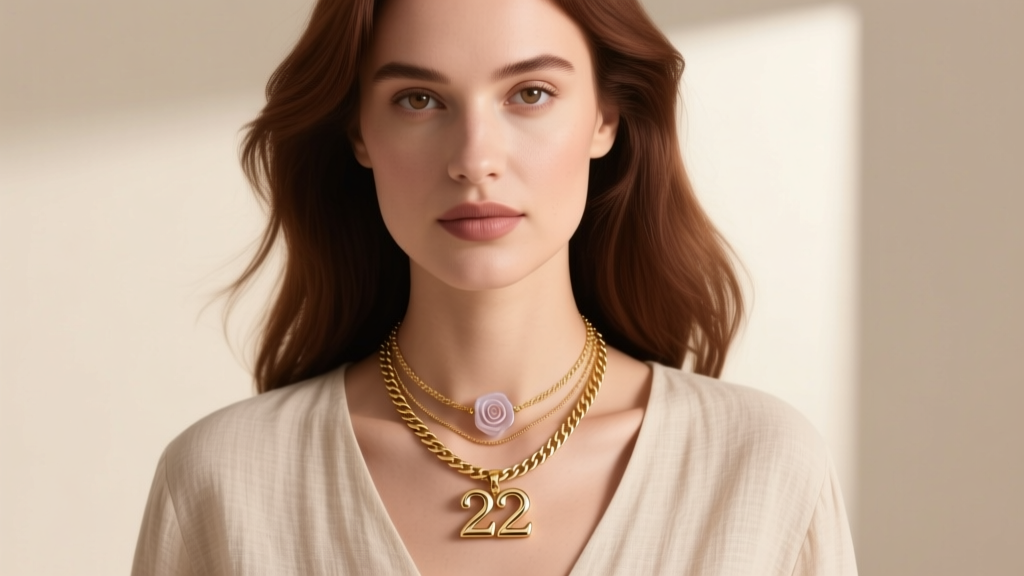 Woman wearing a layered necklace stack with a 222 pendant, a small rose quartz gemstone, and a plain gold herringbone chain.