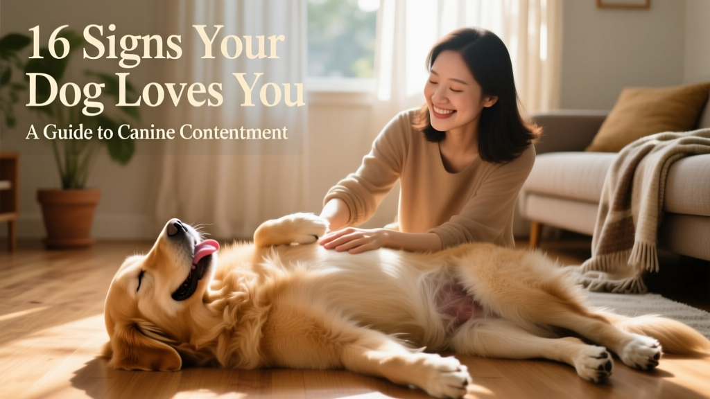 Dog lying on its back, belly exposed, receiving a gentle belly rub from a smiling person