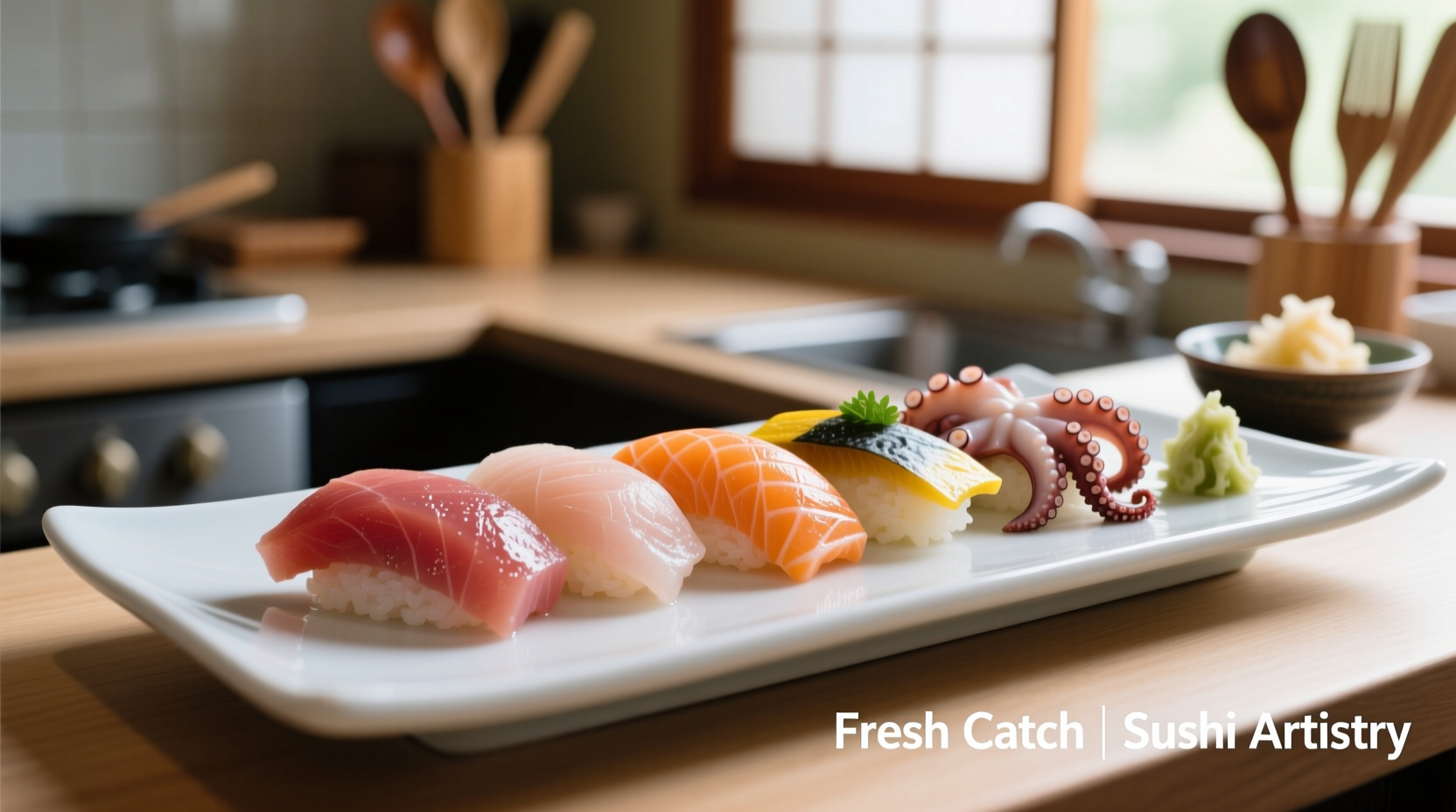 Freshly prepared sushi platter with various fish types