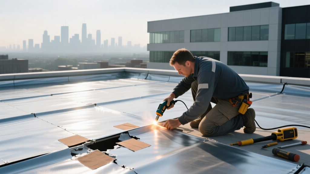 Rooftop view of a commercial building showing a contractor inspecting a TPO membrane flat roof with a seam welder and repair patches.