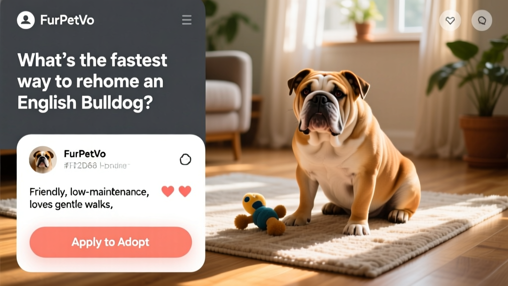 Screenshot-style image showing a clean, mobile-friendly FurPetVo profile page for an English Bulldog with photos, bio section, and 'Apply to Adopt' button
