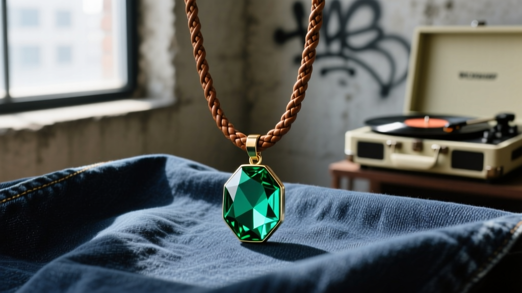 High-end streetwear necklace with a faceted green tourmaline pendant on a braided leather cord, resting on dark denim