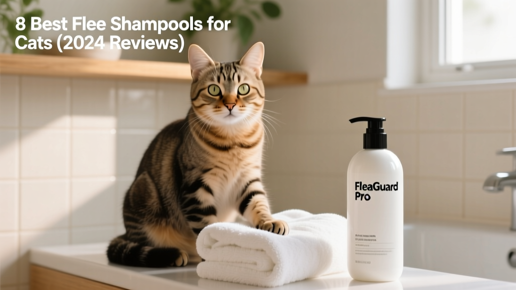 A relaxed cat sitting beside a towel and shampoo bottle, looking content after a gentle grooming session