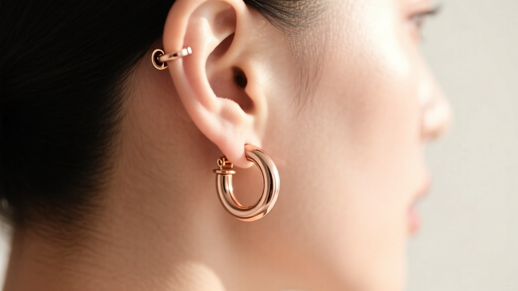Close-up of an ear wearing a hollow tube creole earring in rose gold, shot from behind to display the snap-back closure mechanism.