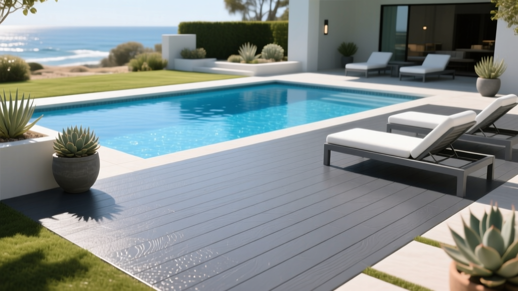 Sunlit backyard showing a newly resurfaced pool deck with a textured polyurea coating in slate gray, contrasting with bright blue water and modern lounge chairs