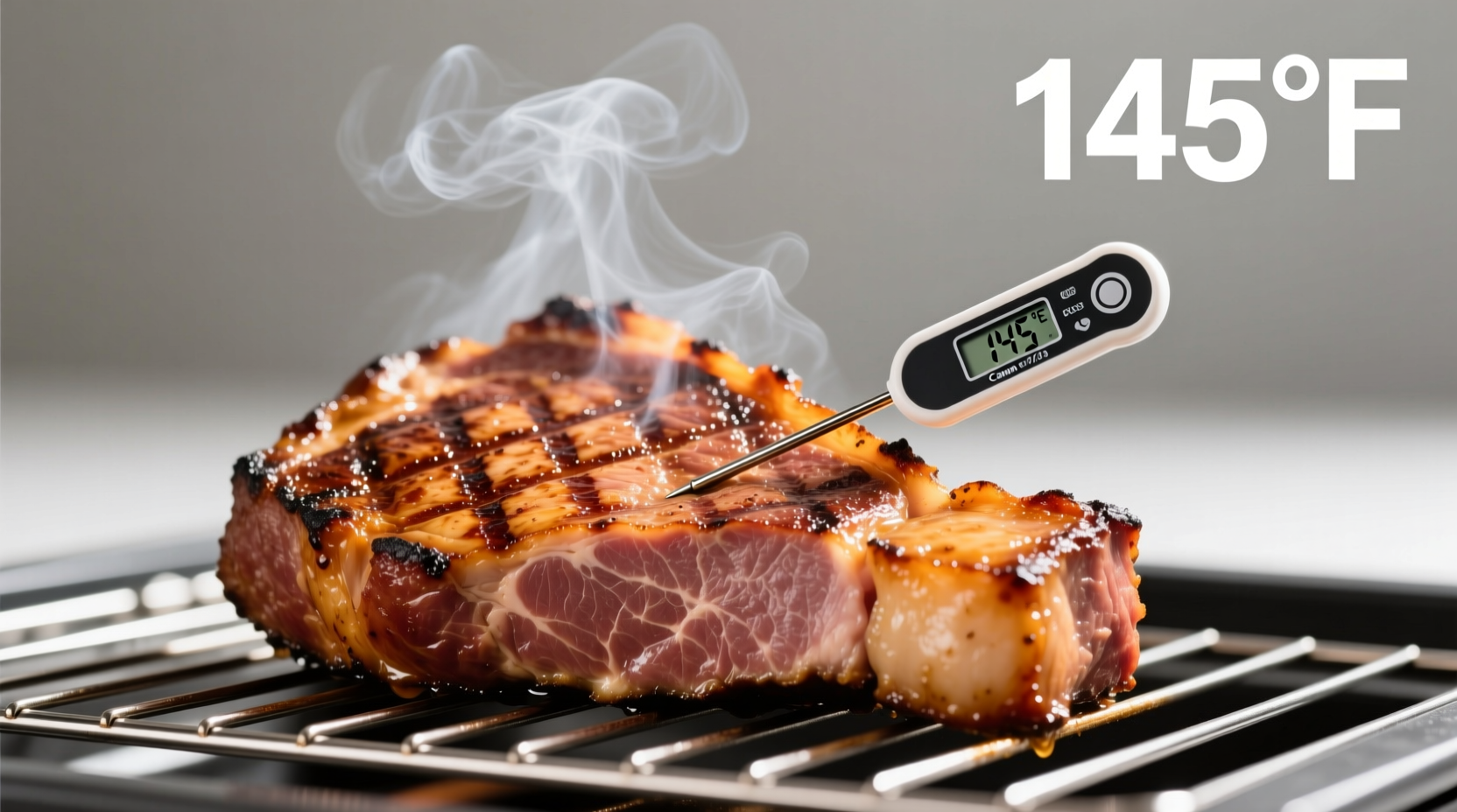 Perfectly cooked ham steak on oven rack with thermometer