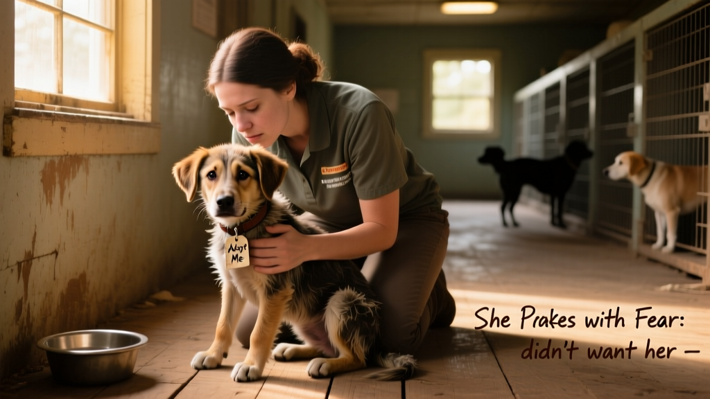 A compassionate shelter volunteer gently offering comfort to a fearful puppy in a quiet corner of the facility