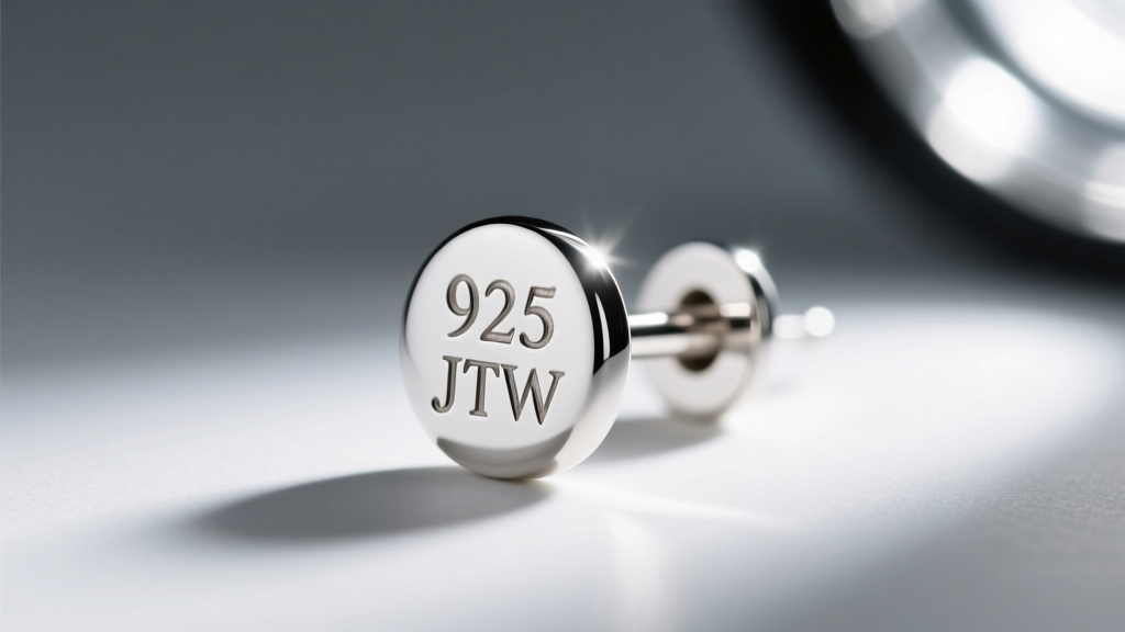 Macro photography of a sterling silver earring post stamped with 925 and JTW hallmarks, illuminated by a jeweler