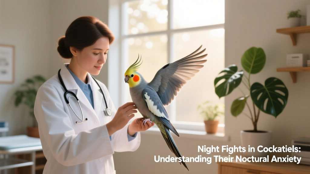 Veterinarian gently examining a cockatiel’s wing under soft lighting