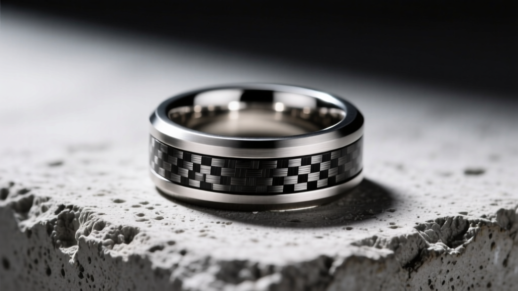 Close-up of a brushed titanium signet ring with carbon inlay, resting on raw concrete under harsh directional studio lighting setup