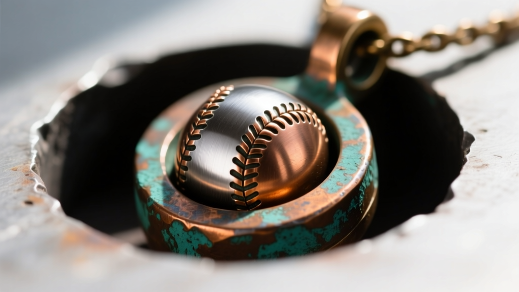 Macro view of a hidden tungsten counterweight embedded inside the hollow back cavity of a cast bronze baseball pendant.